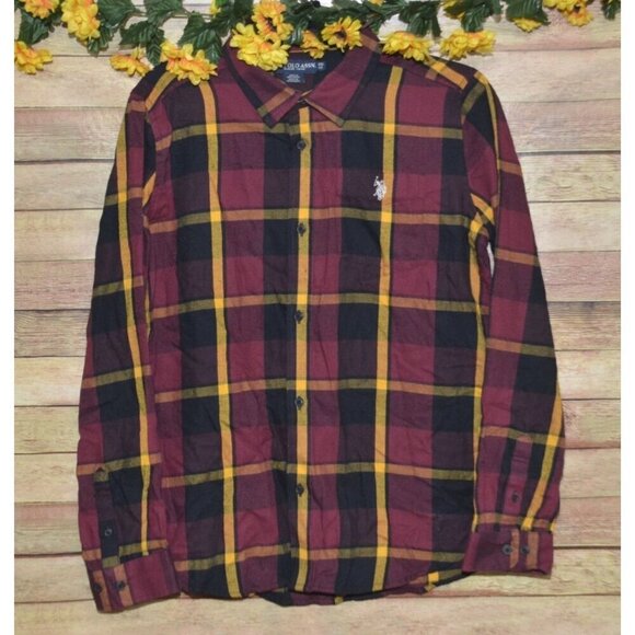 U.S. Polo Assn. Boys Size XXL Flannel Shirt Button Down Preppy Maroon & Black - Picture 1 of 8